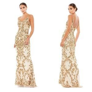 Mac Duggal Embellished Gold Leaf Long Evening Gown Nude/Gold Size 10 NWT